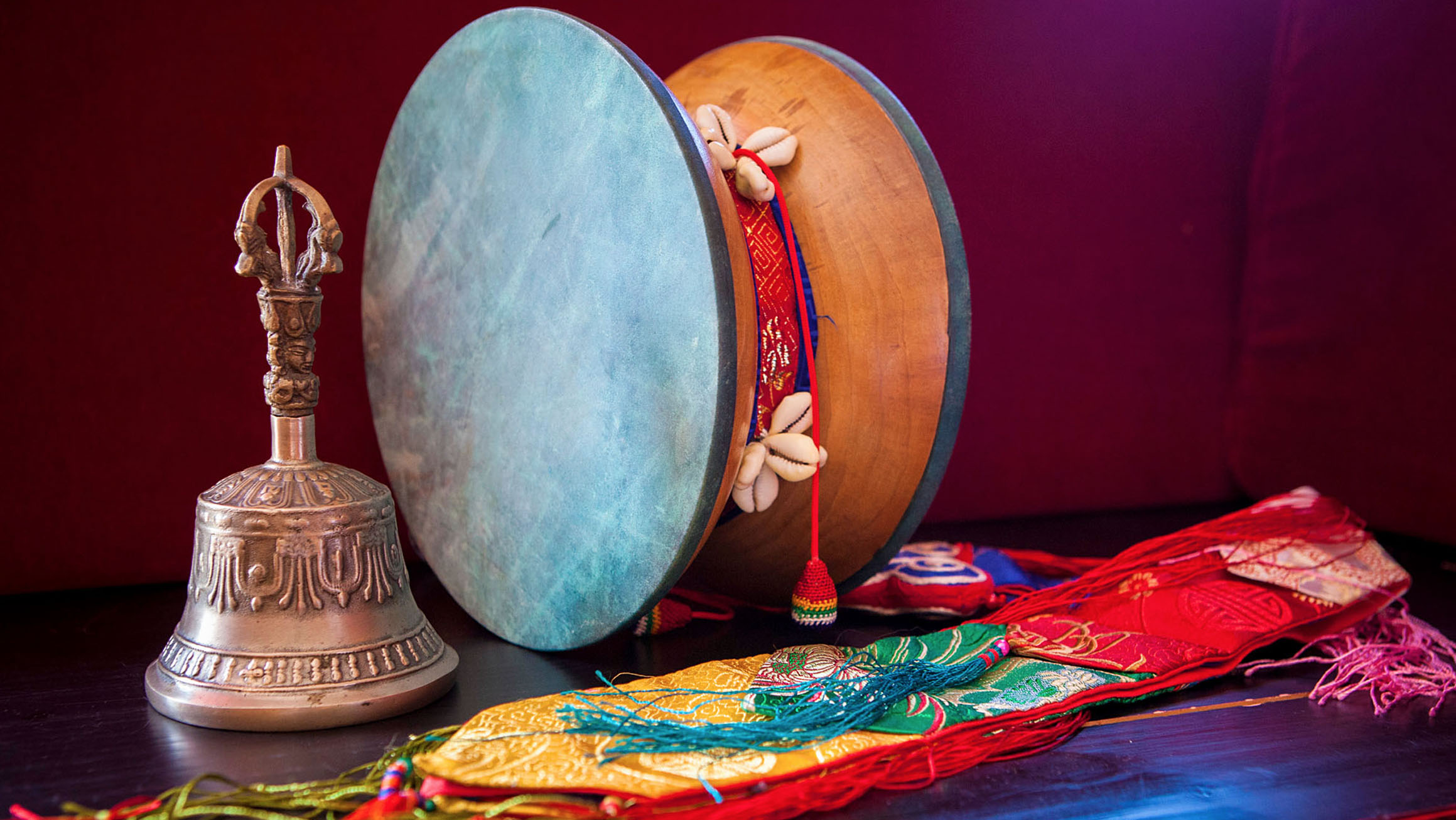 Chöd drum, bell and other ritual instruments used in the practice