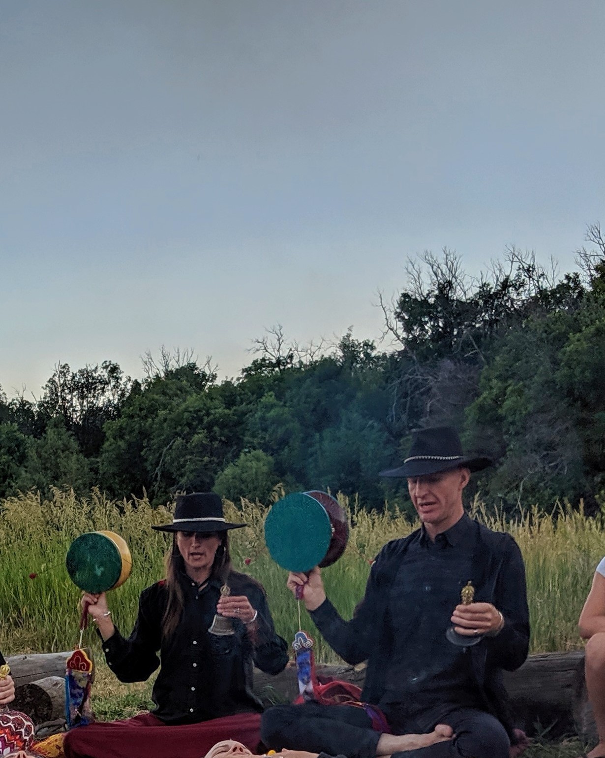 Charlotte Rotterdam and Pieter Oosthuizen practicing Chöd with drums and bells